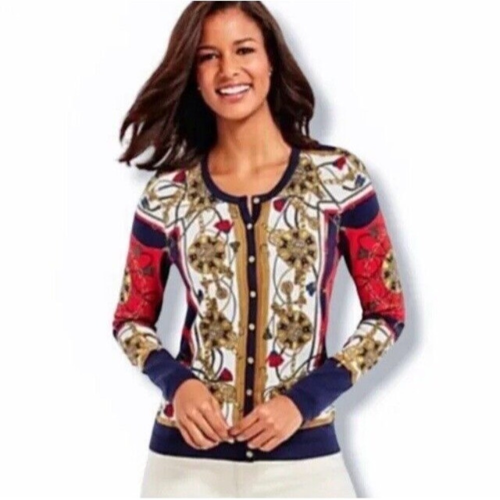 Talbots Status Print Charming Button Cardigan Swe… - image 1